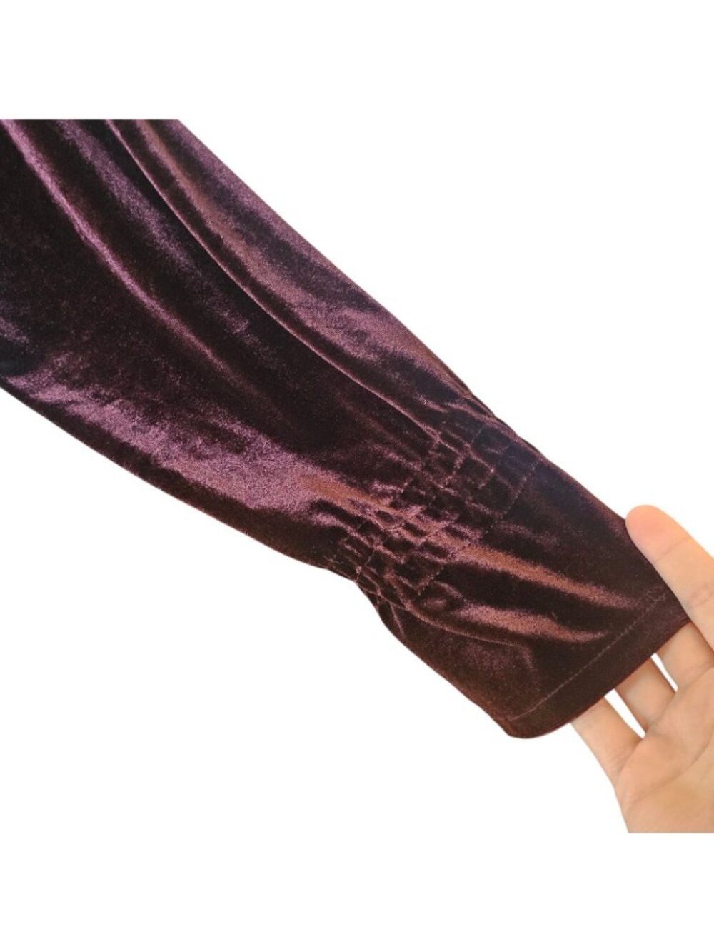 Y2K Burgundy Velvet Velour Button Up Shirt Blouse Sz M Ruched Shoulders Purple - Picture 3 of 8